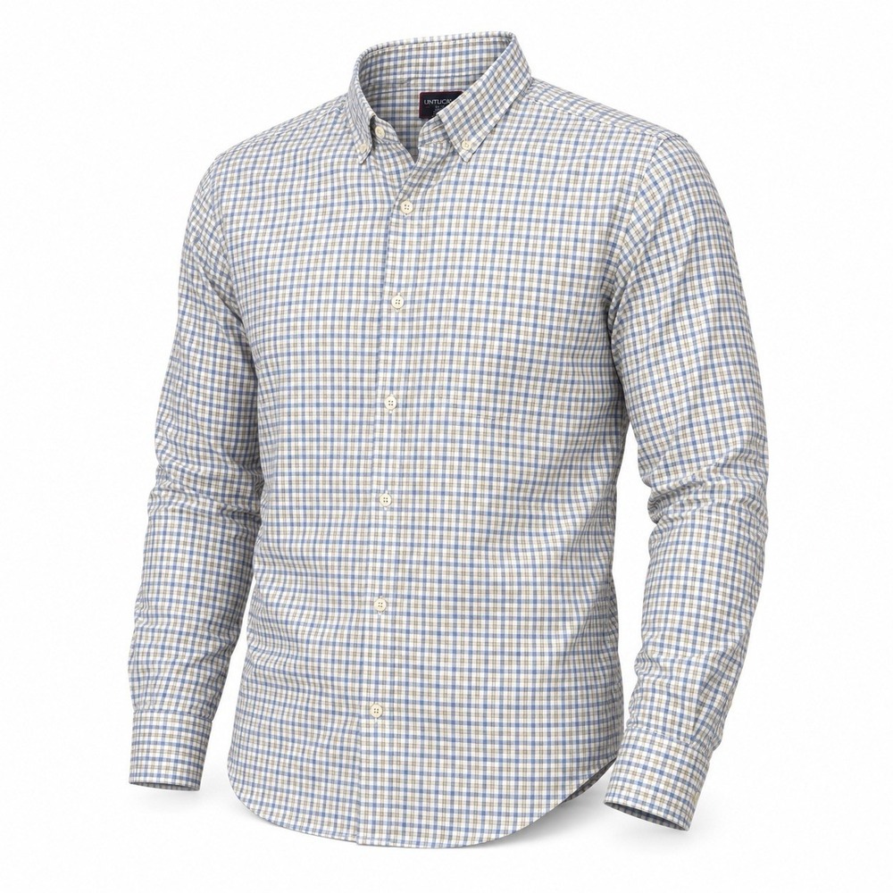 UNTUCKit Men's L Slim Blue Gray White Check Cotton Long Sleeve Button Down Shirt